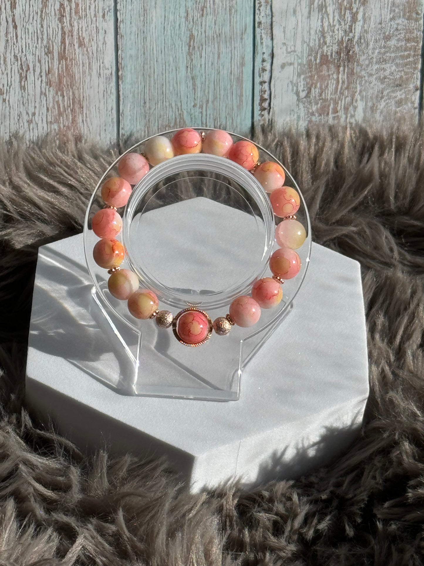 7" Pink/Peach/Yellow Glass Printed Bead Bracelet