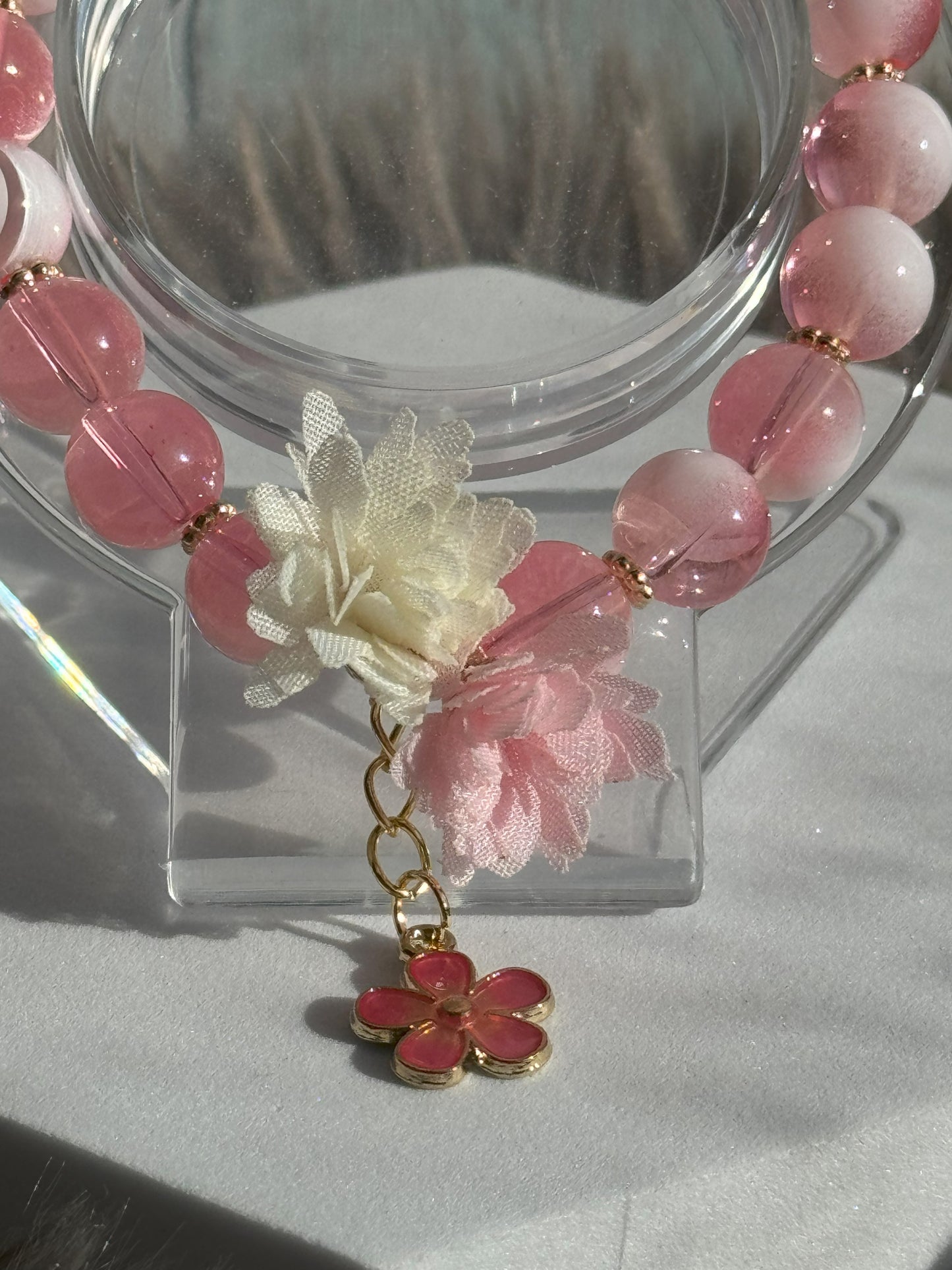 7 1/4" Pink/Milky White Glass Beaded Bracelet (10mm)
