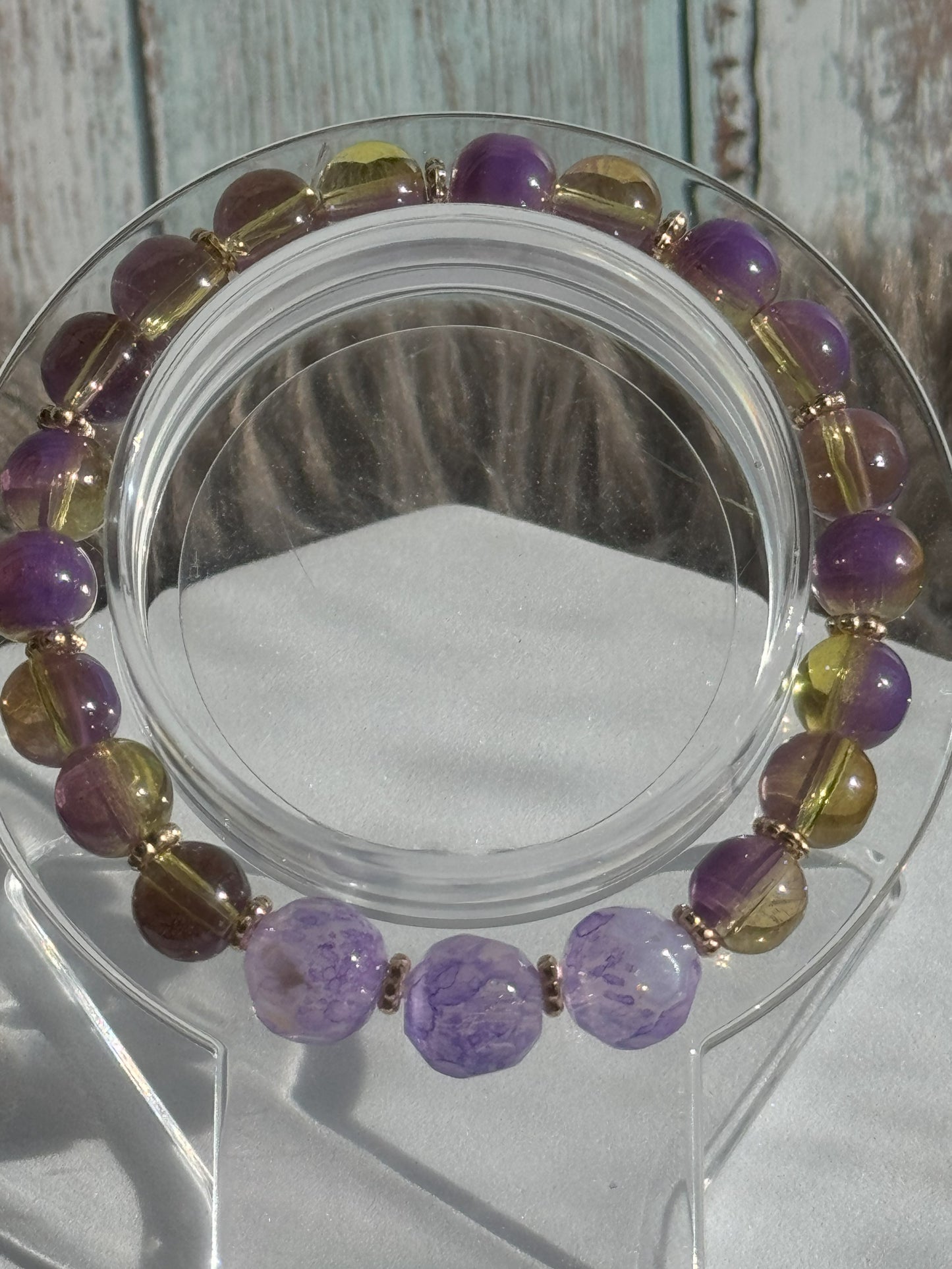 7" Purple/Yellow Beads with Purple Faceted Beads, Glass Beaded Bracelet (8mm&10mm)