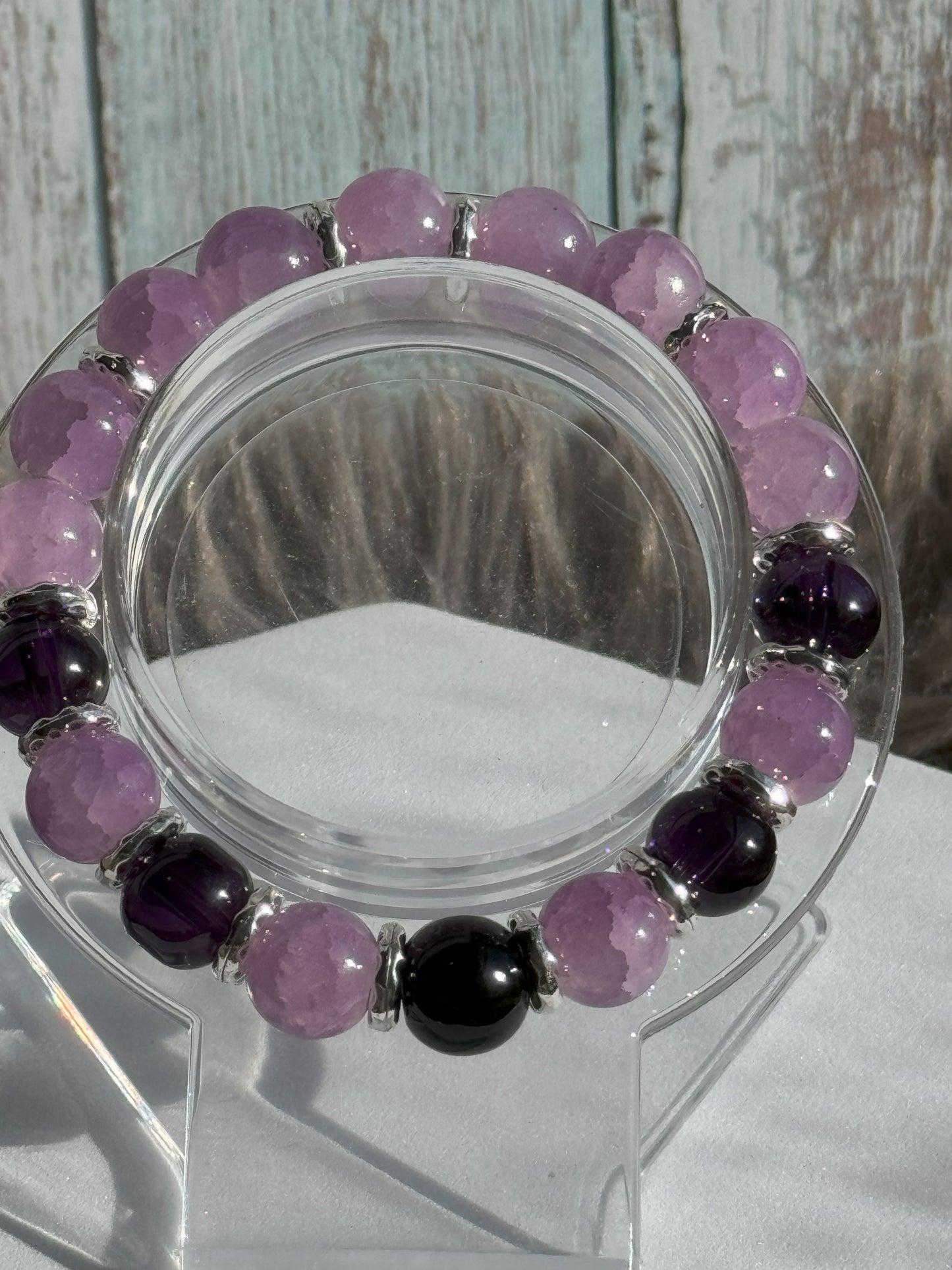7" Light Purple and Dark, Deep Purple Glass Beaded Bracelet (10mm)