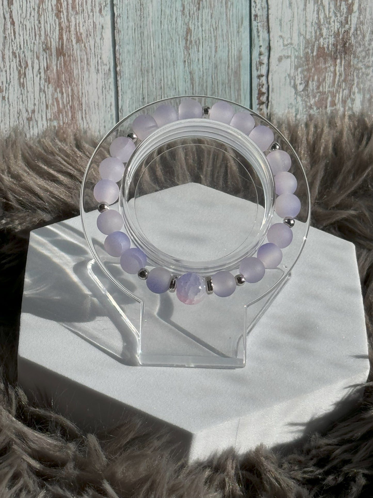 7" Purple Frosted with Pink/Purple Glass Beaded Bracelet (8mm&10mm)