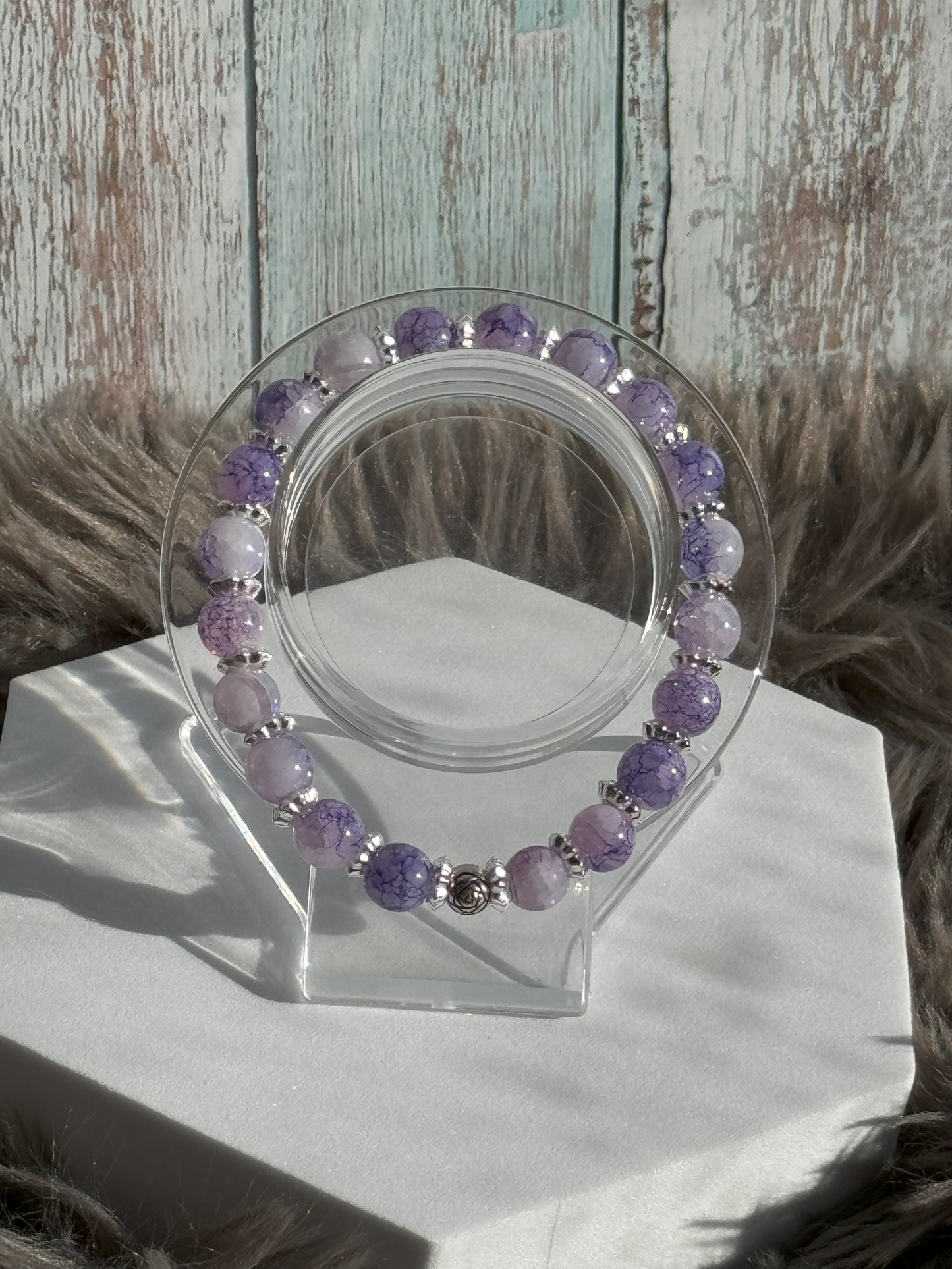 7 1/2" Purple/Milky White Watercolor Glass Beaded Bracelet (8mm)