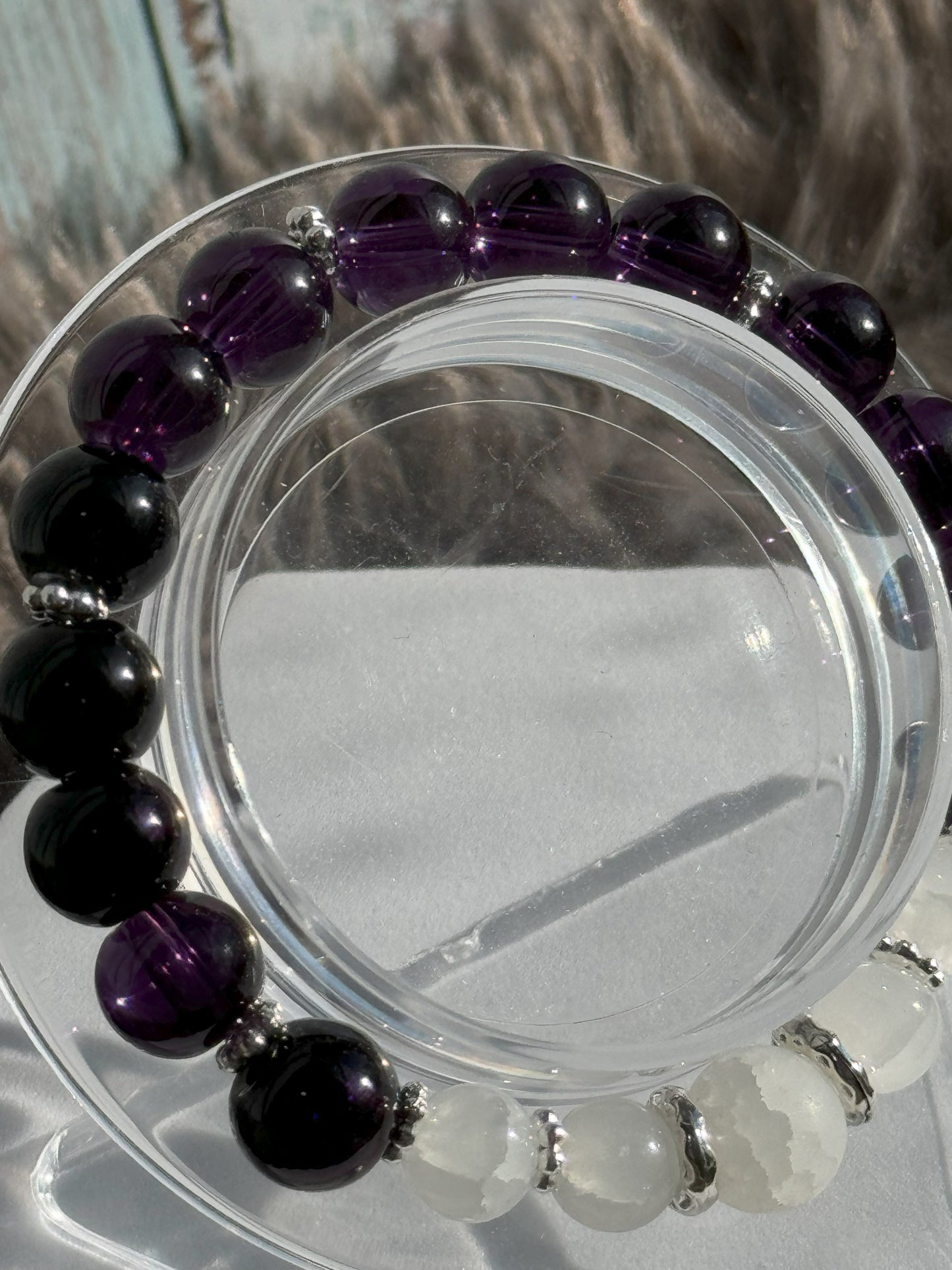 7" Deep, Dark Purple and White Glass Beaded Bracelet (8mm&10mm)