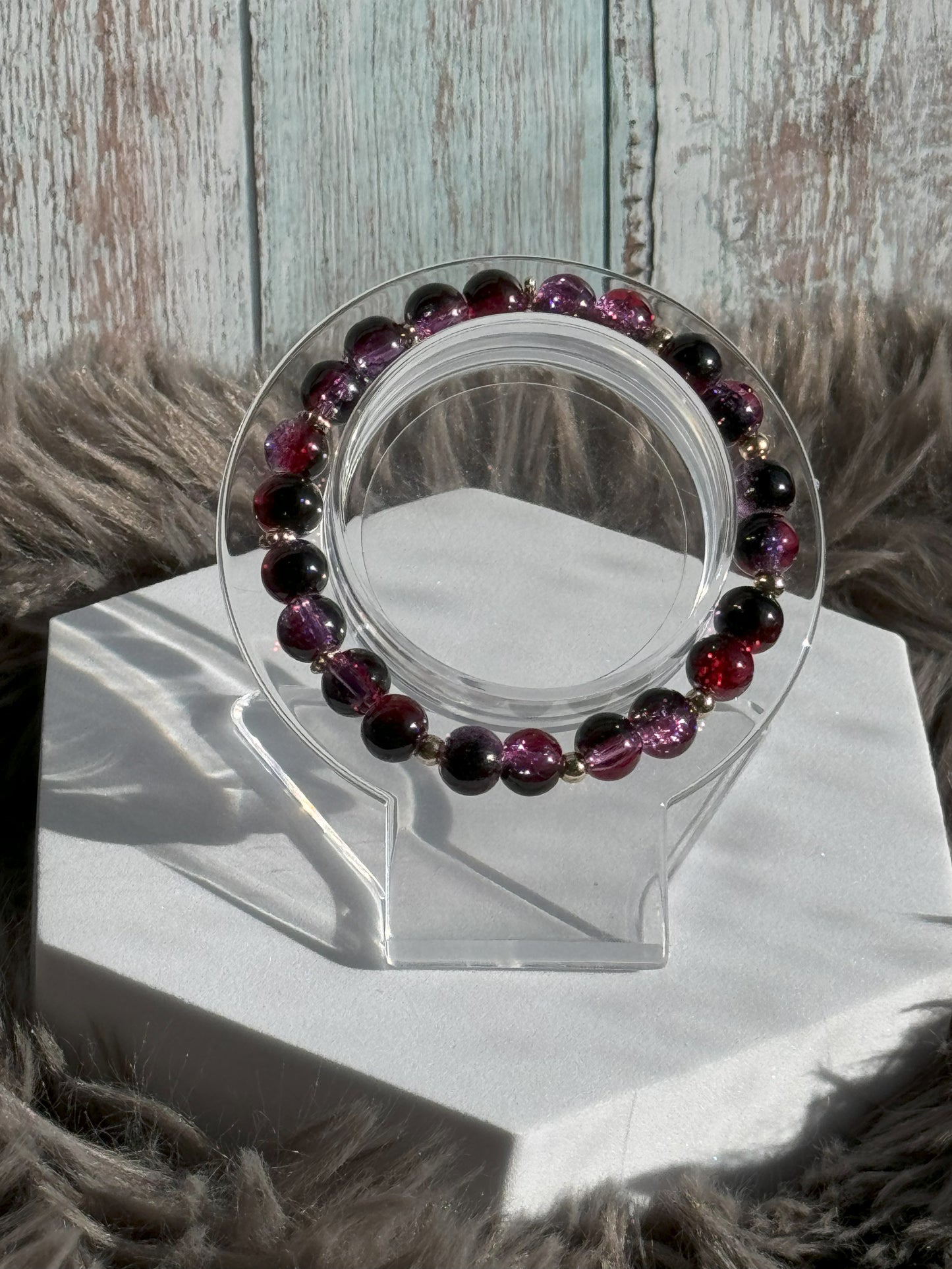 7" Rich Purple and Deep Red Crackle Glass Beaded Bracelet (8mm)