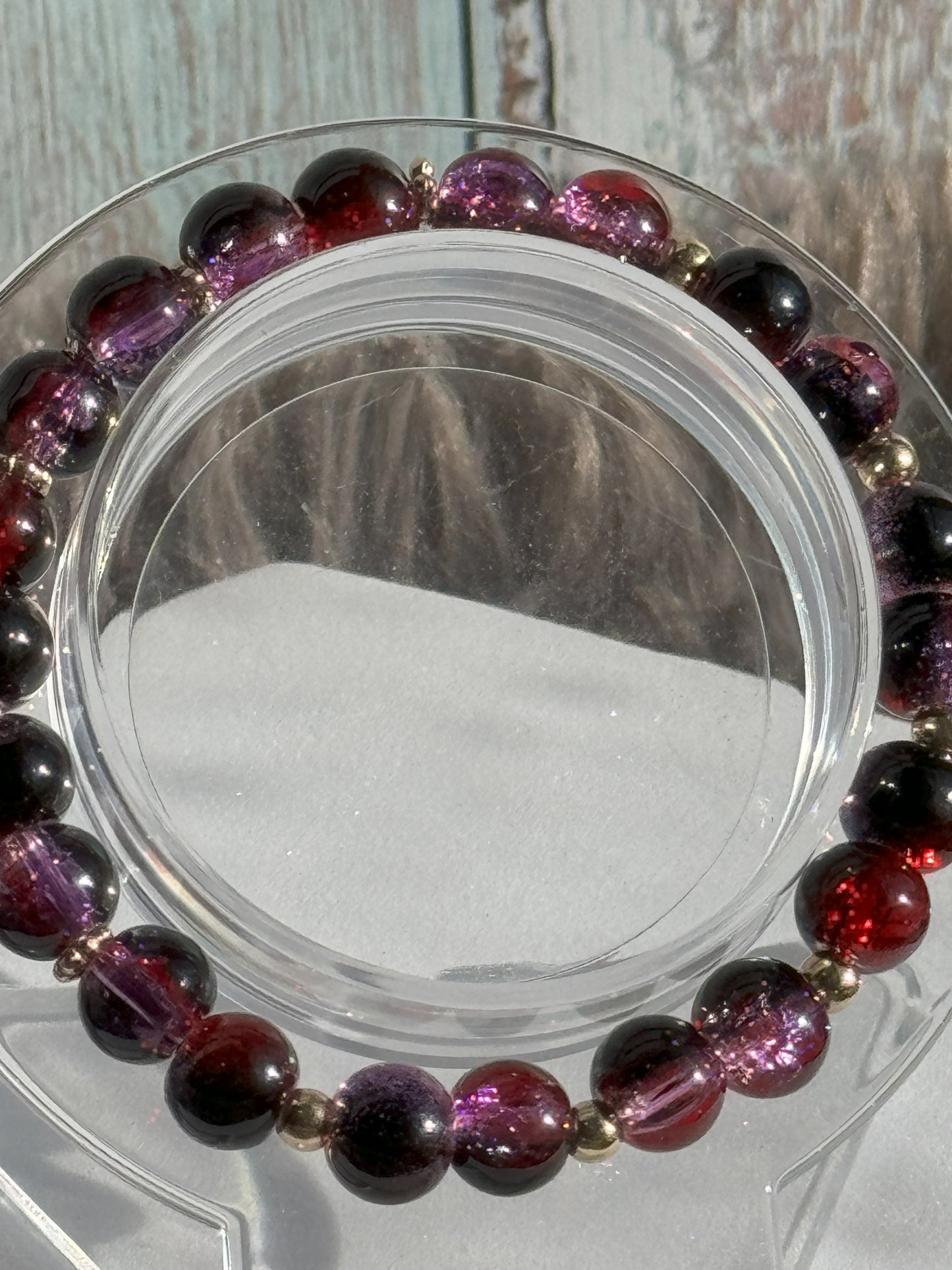 7" Rich Purple and Deep Red Crackle Glass Beaded Bracelet (8mm)