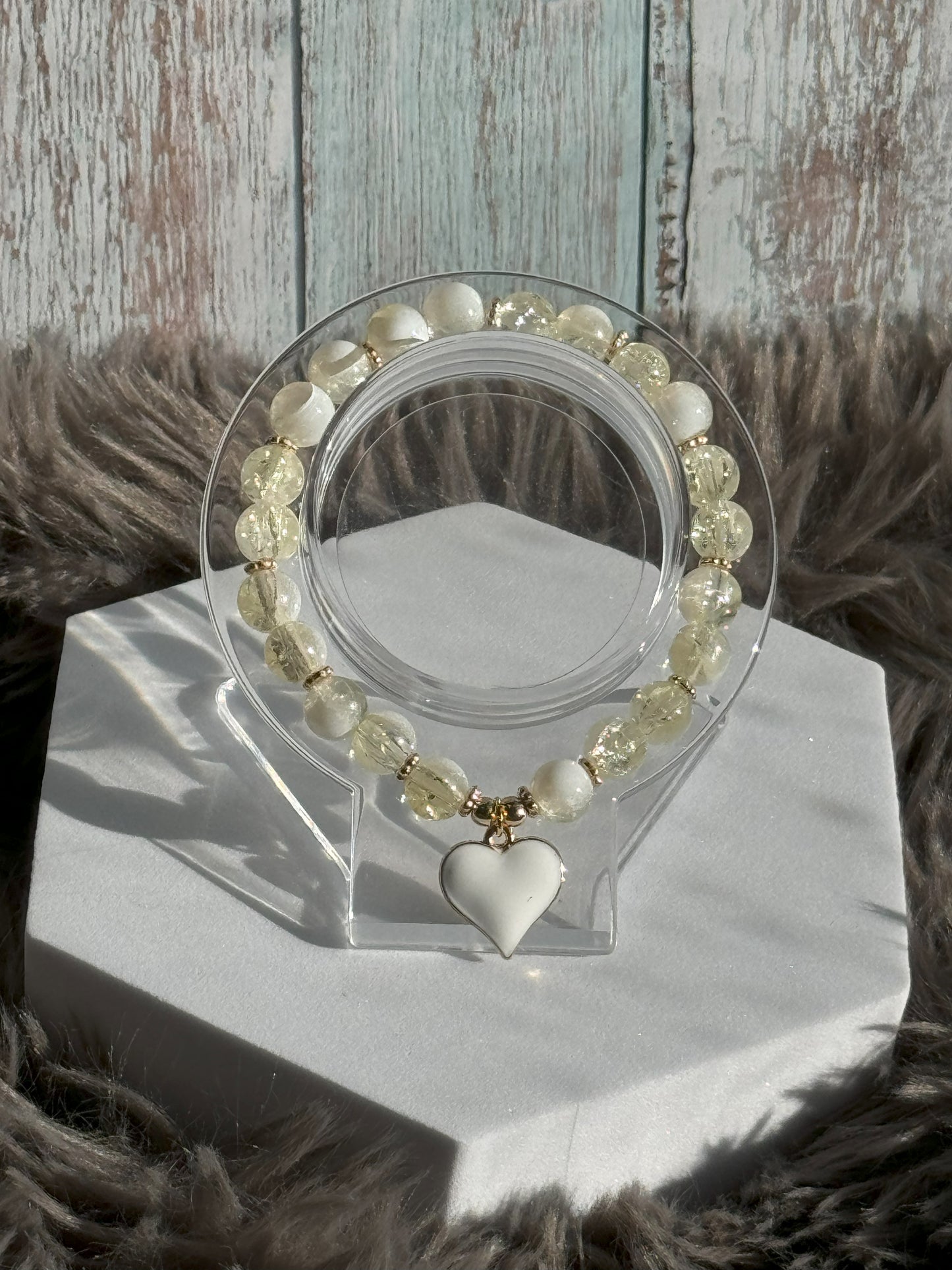 7 1/4 Light Yellow and Milky White Crackle Glass Beaded Bracelet (8mm)