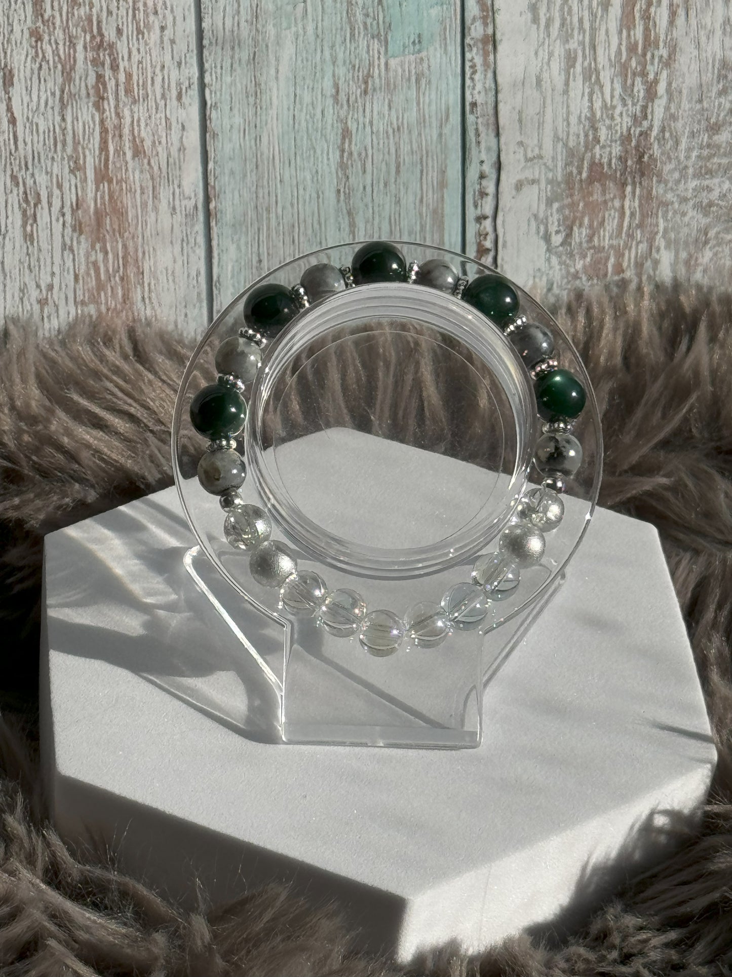 7" Dark Green, Grey/Black Watercolor, Silver Crackle, and Clear Glass Beaded Bracelet (8mm&10mm)