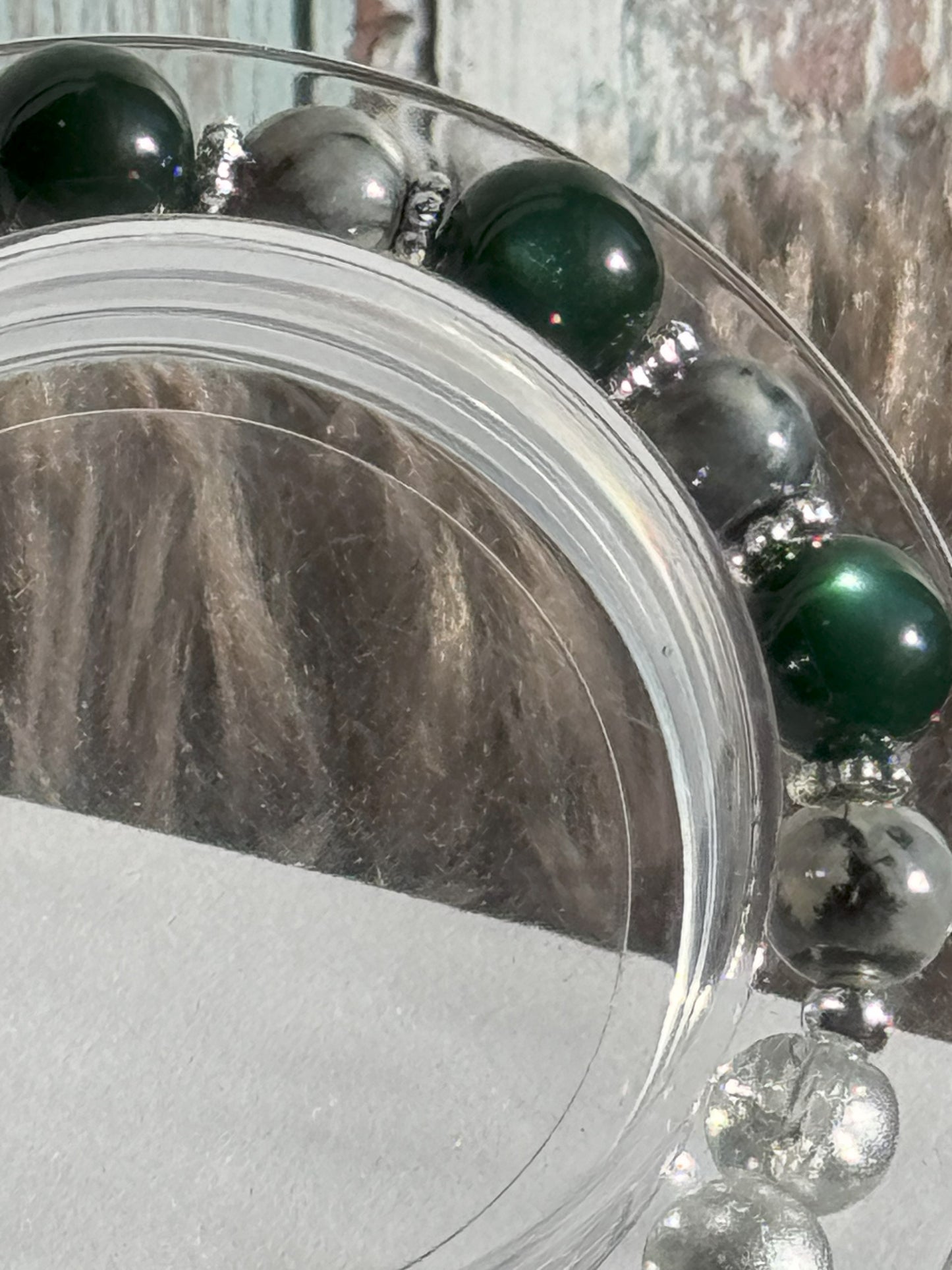 7" Dark Green, Grey/Black Watercolor, Silver Crackle, and Clear Glass Beaded Bracelet (8mm&10mm)