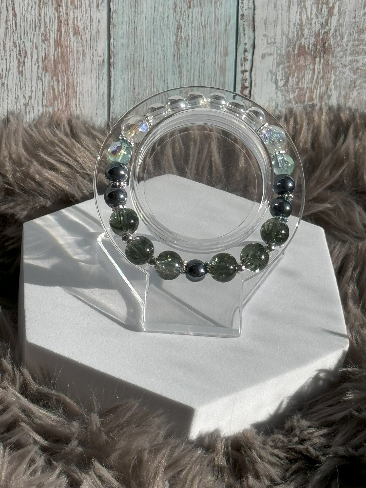 7" Green Crackle, Gun Metal Grey, and Tinted Clear Glass Beaded Bracelet (8mm&10mm)