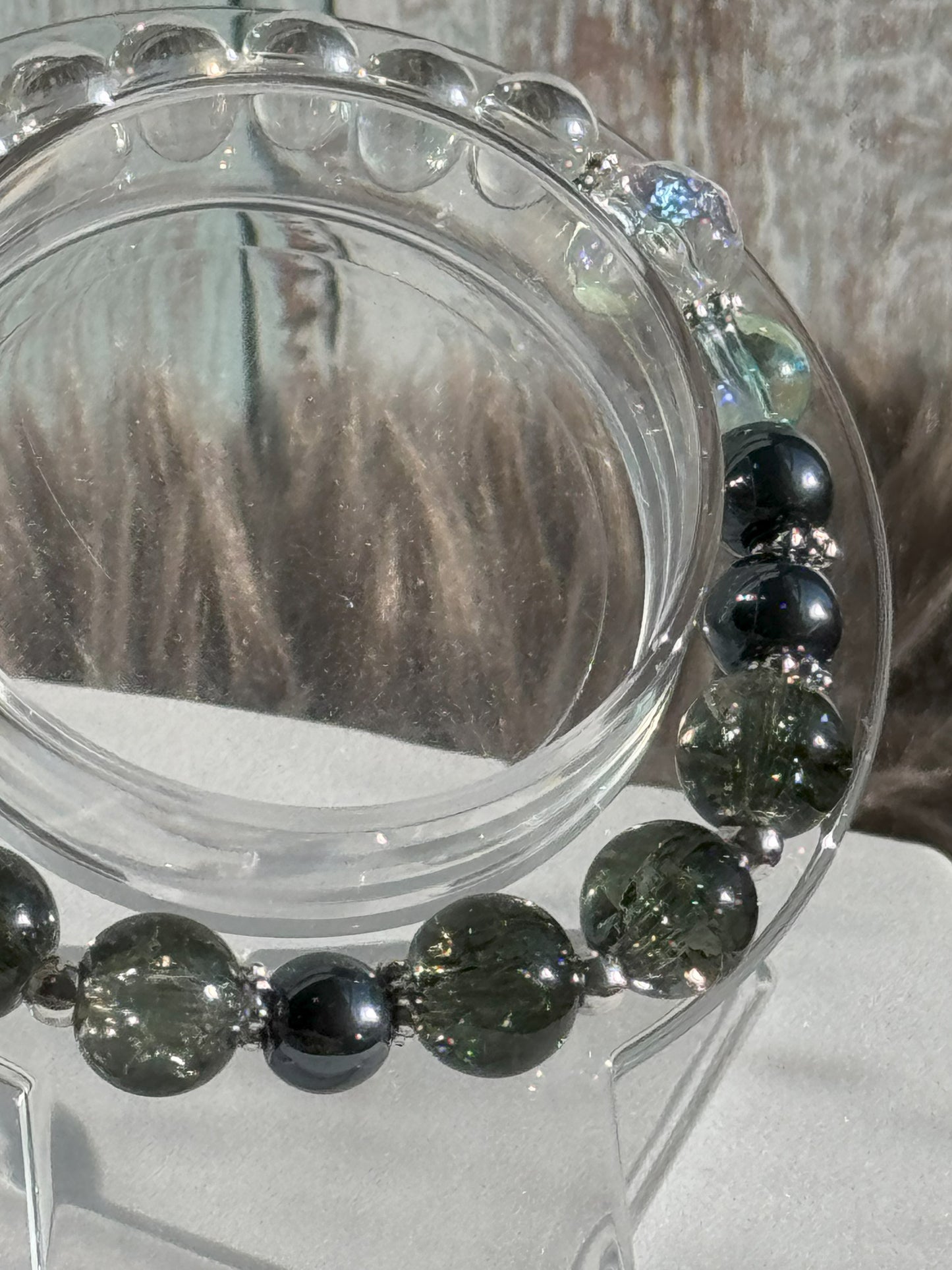 7" Green Crackle, Gun Metal Grey, and Tinted Clear Glass Beaded Bracelet (8mm&10mm)