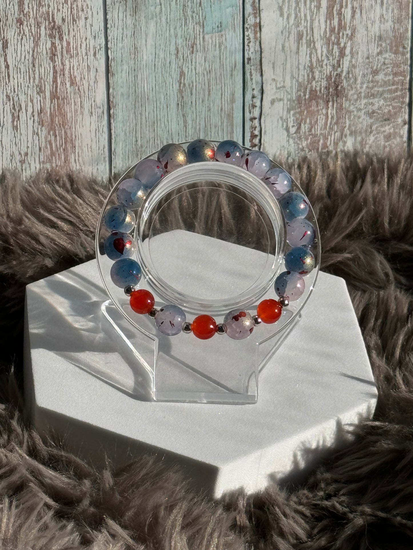 7" Blue/Gold/Red Splattered Beads with Orange/Red Glass Beaded Bracelet (8mm&10mm0