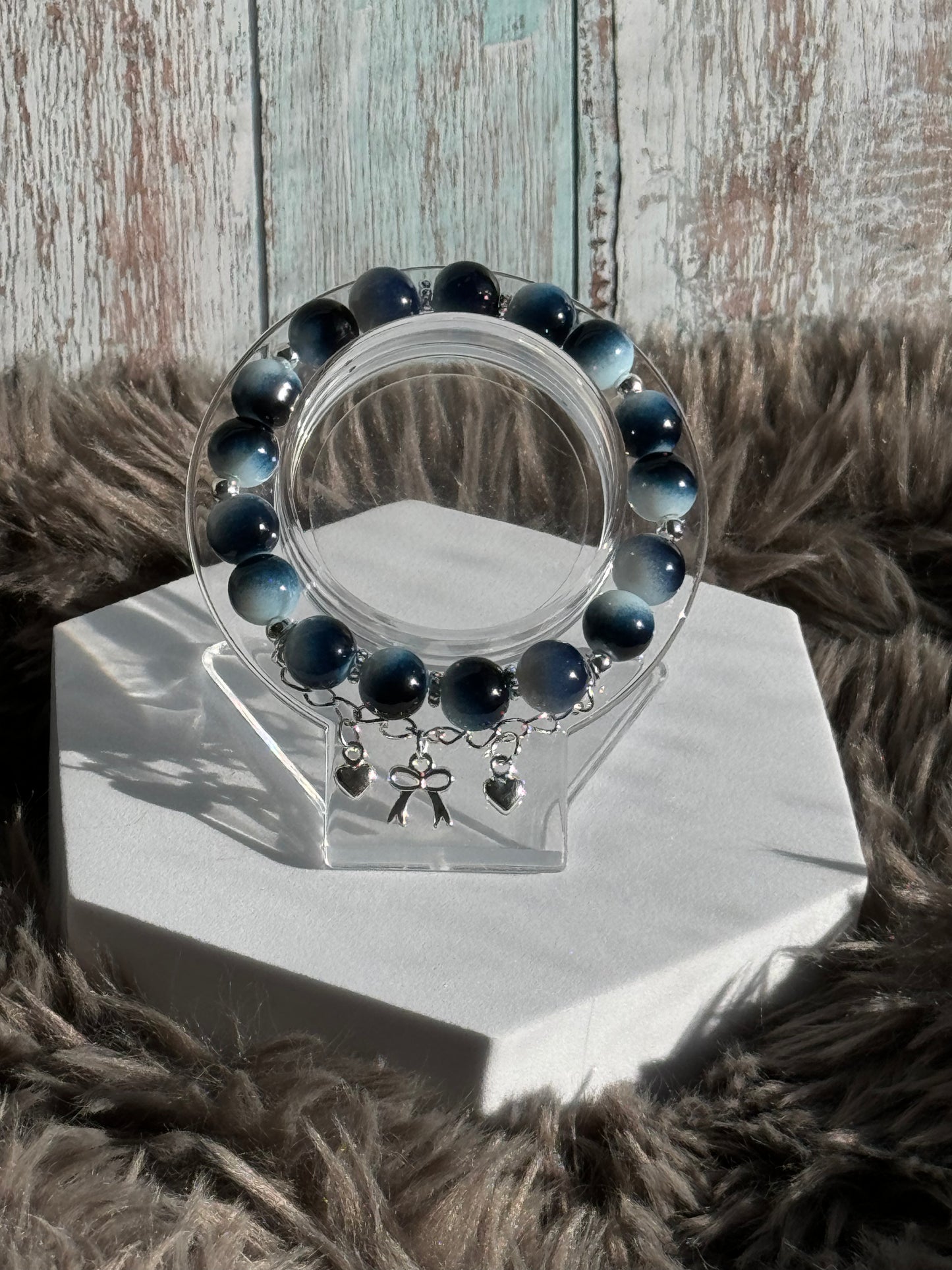 7" Navy Blue mixed with Milky White Glass Beaded Bracelet (10mm)