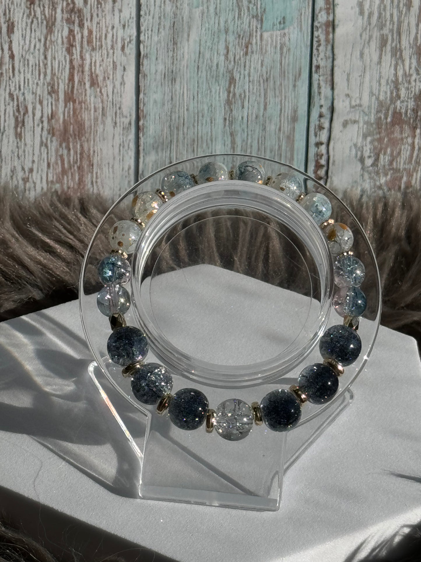 7" Navy Crackle, Blue/Pink Crackle, and Blue/White/Gold Glass Beaded Bracelet (8mm&10mm)