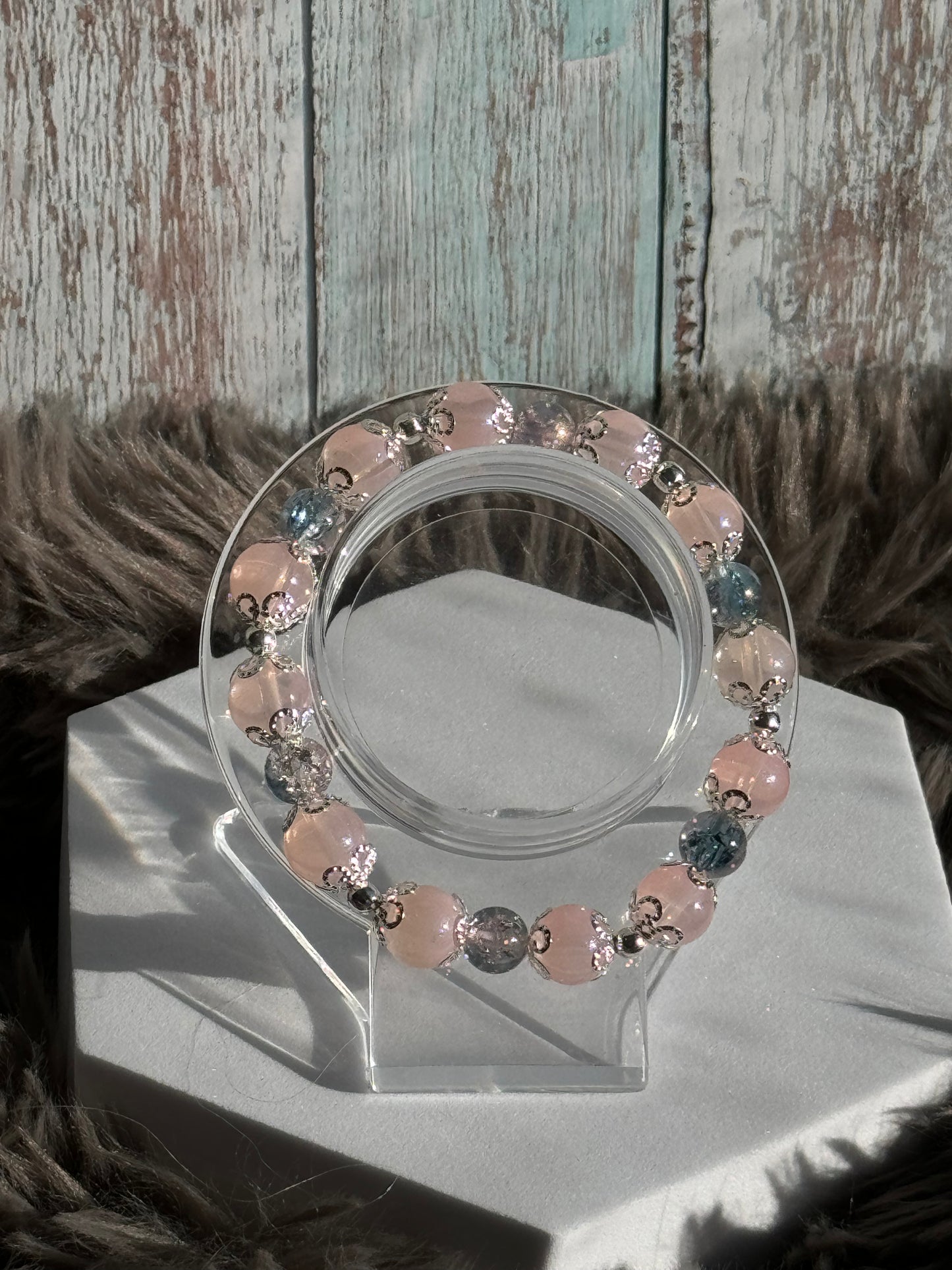 7 1/2" Pink and Blue Glass Beaded Bracelet (10mm&8mm)