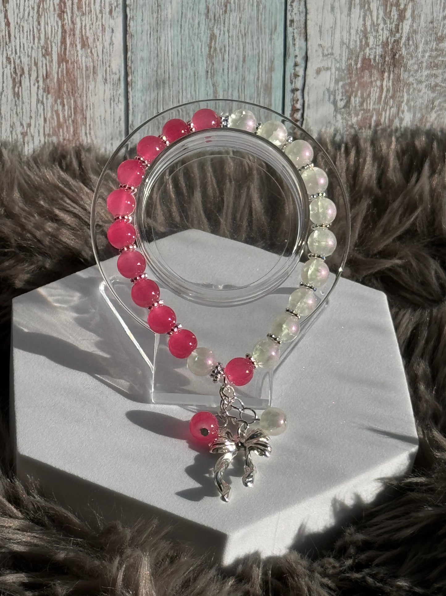 8" Barbie Pink/White Glass Beaded Bracelet (8mm)