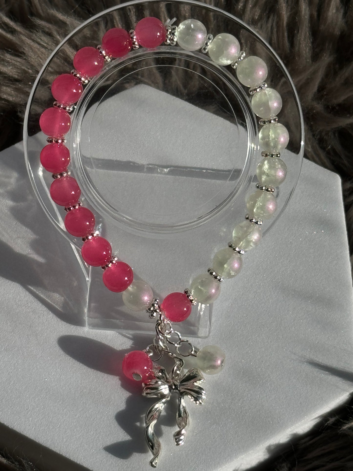 8" Barbie Pink/White Glass Beaded Bracelet (8mm)