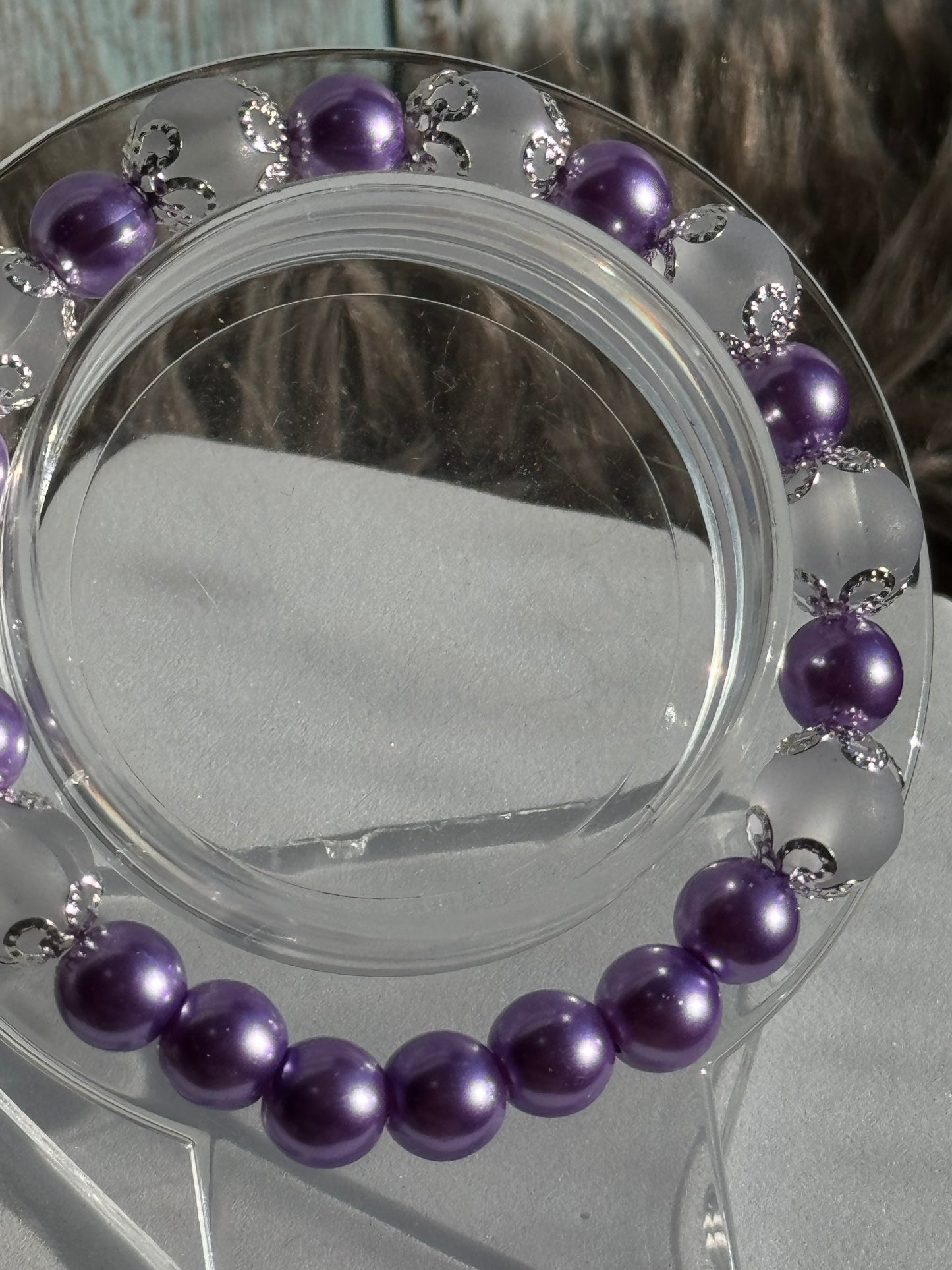7" Purple Pearl and Clear Frosted Glass Beaded Bracelet (8mm&10mm)