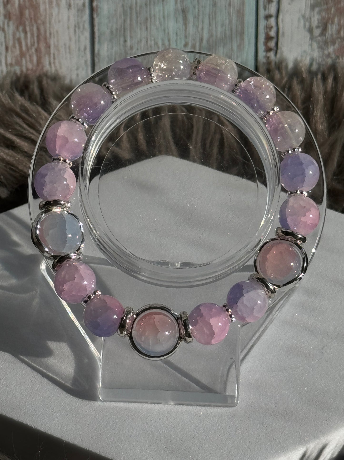 7 1/4" Pink and Purple Glass Beaded Bracelet (10mm)