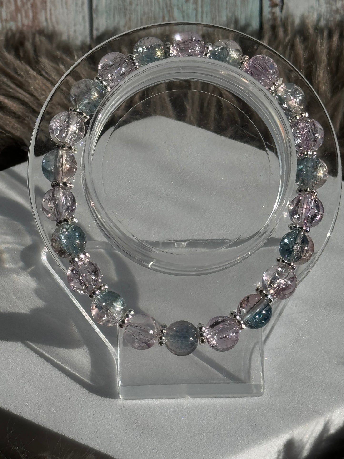 7 1/2" Pink/Blue Crackle Glass Beaded Bracelet (8mm)