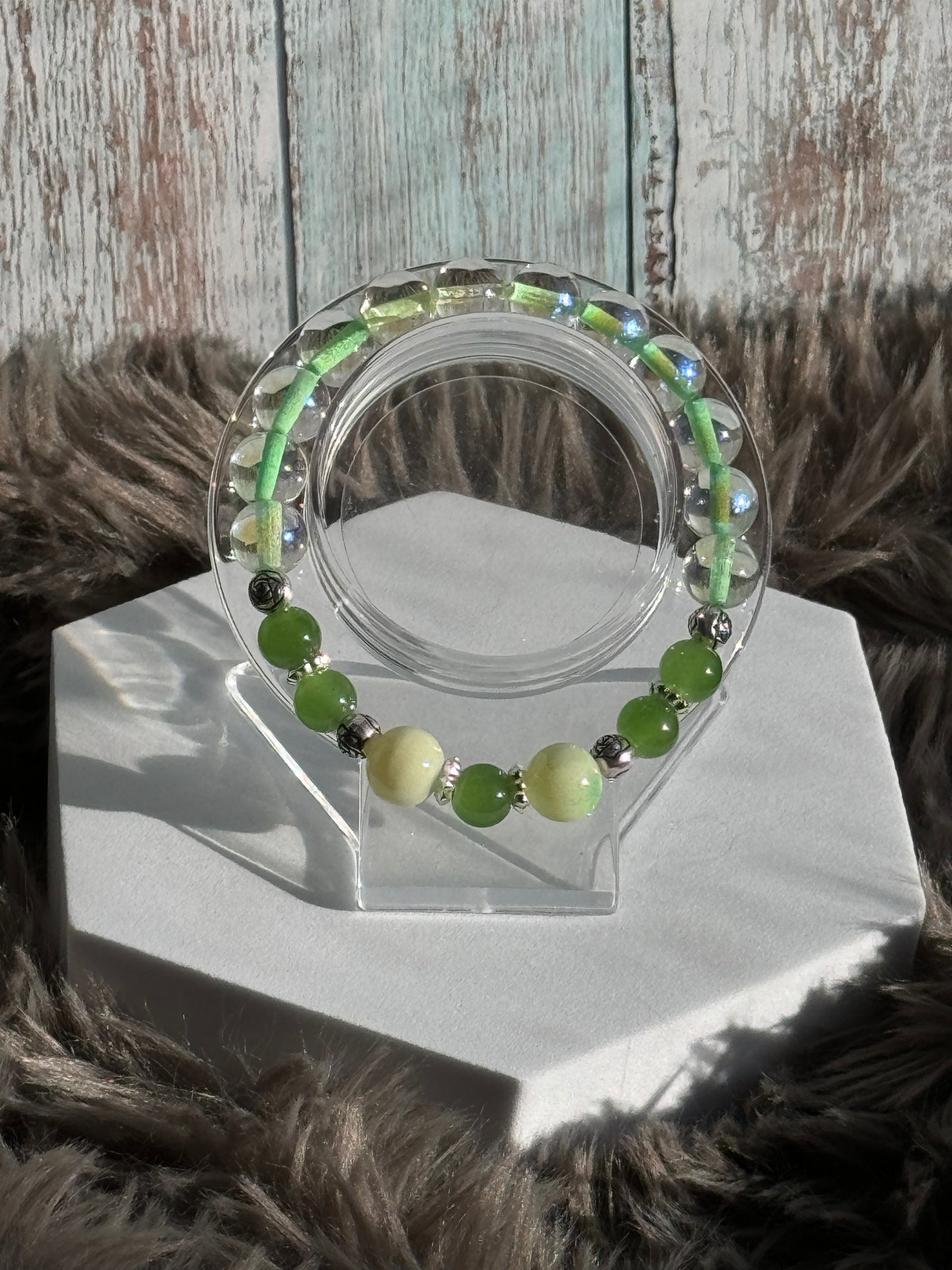 7 1/2"Clear, Mossy Green, and Yellow Green Glass Beaded Bracelets (10mm)