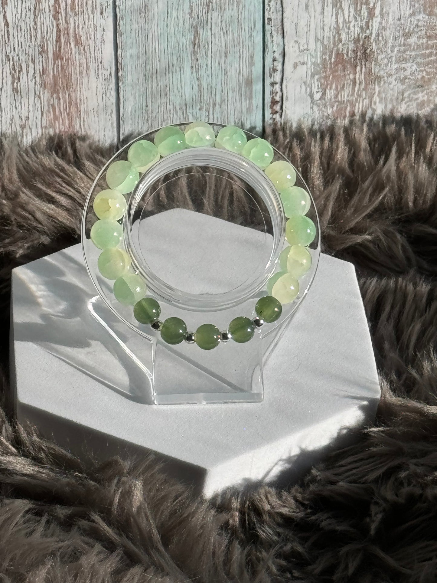 7" Light Green/Yellow with Mossy Green Glass Beaded Bracelet (8mm&10mm)