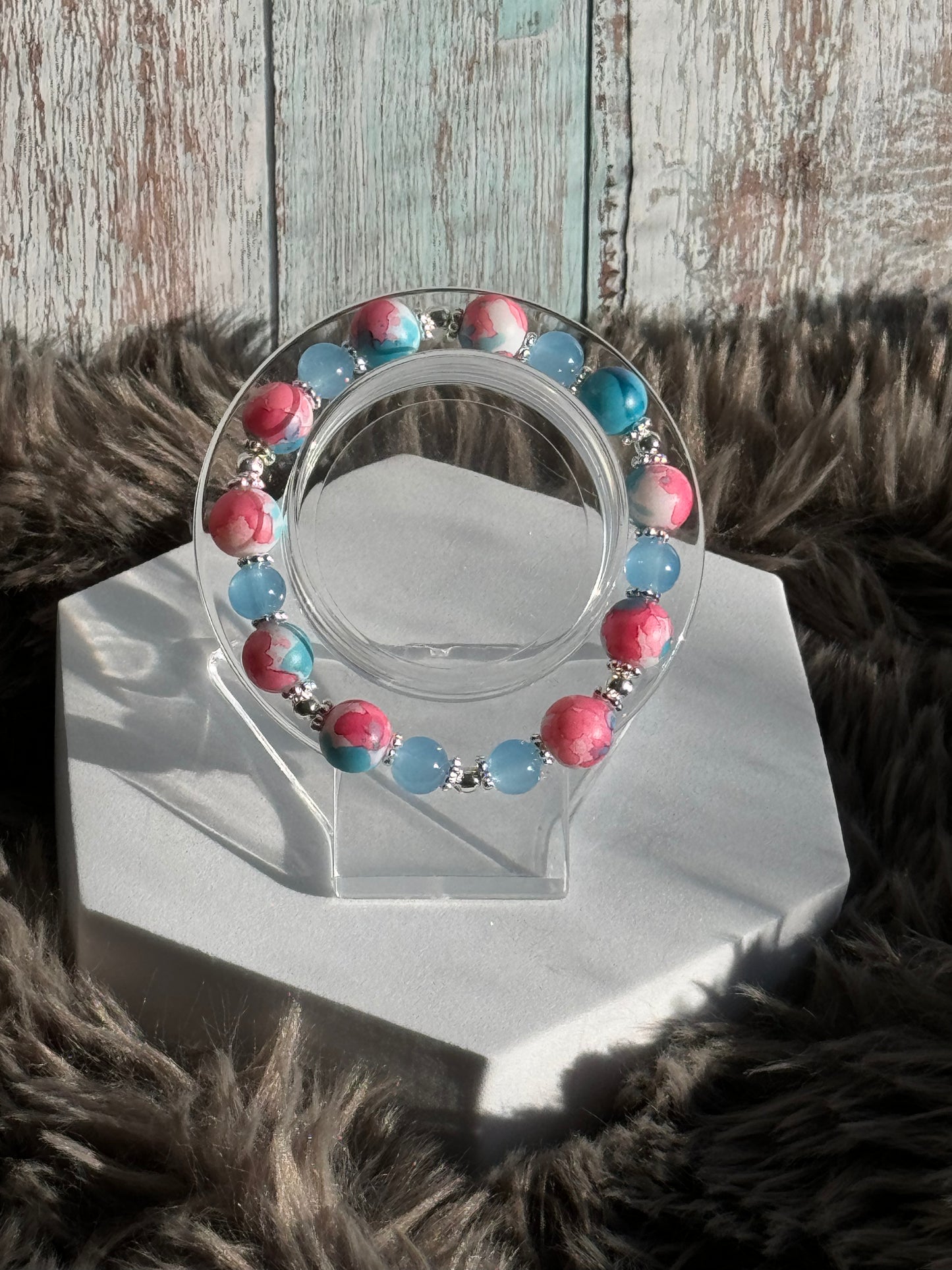7 1/4" Blue with Pink/Blue Watercolor Glass Beaded Bracelet (8mm&10mm)