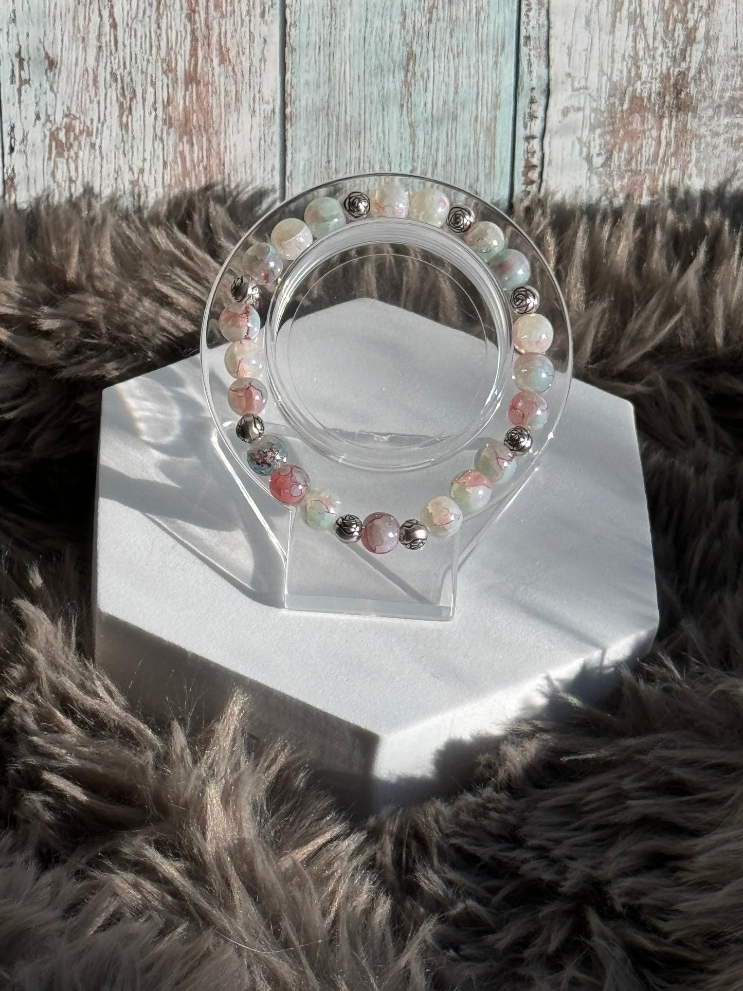 7 1/2"Grey/Pink/White Watercolor Glass Beaded Bracelets (8mm)