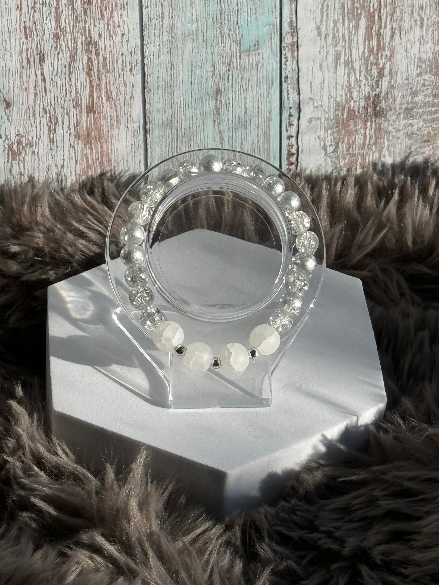 7 1/2" Silver/Clear Crackle with White Frosted Beaded Bracelet (8mm/10mm)