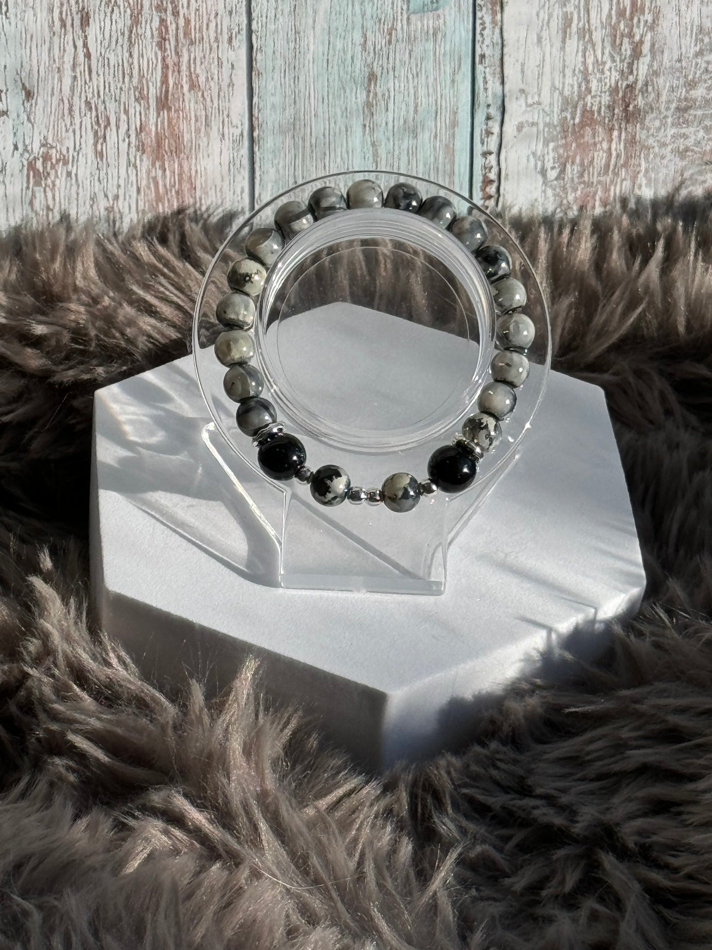 7" Black with Grey Watercolor Glass Beaded Bracelet (8mm&10mm)