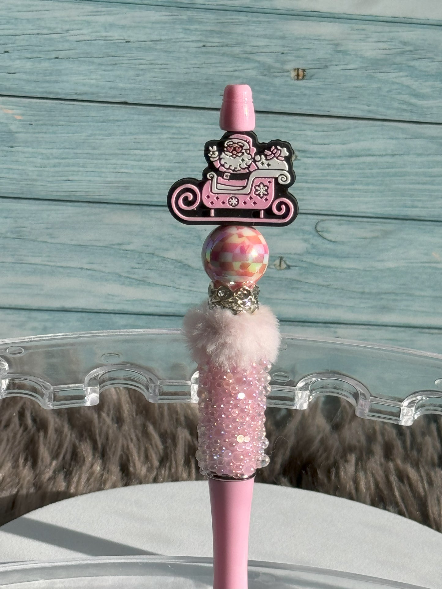 Pink Glass Bubble Pen with Santa and his Sled