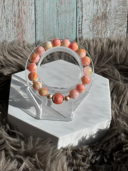 7" Pink/Peach/Yellow Glass Printed Bead Bracelet