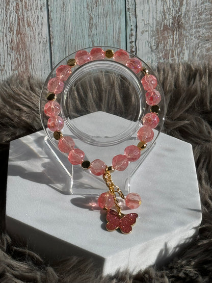 7 1/4" Pink Glass Faceted Bracelet