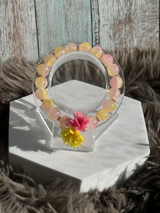 7 1/4" Pink and Yellow Glass Beaded Bracelet (10mm)