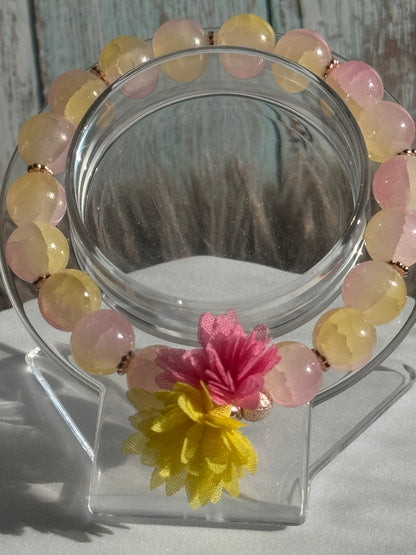 7 1/4" Pink and Yellow Glass Beaded Bracelet (10mm)