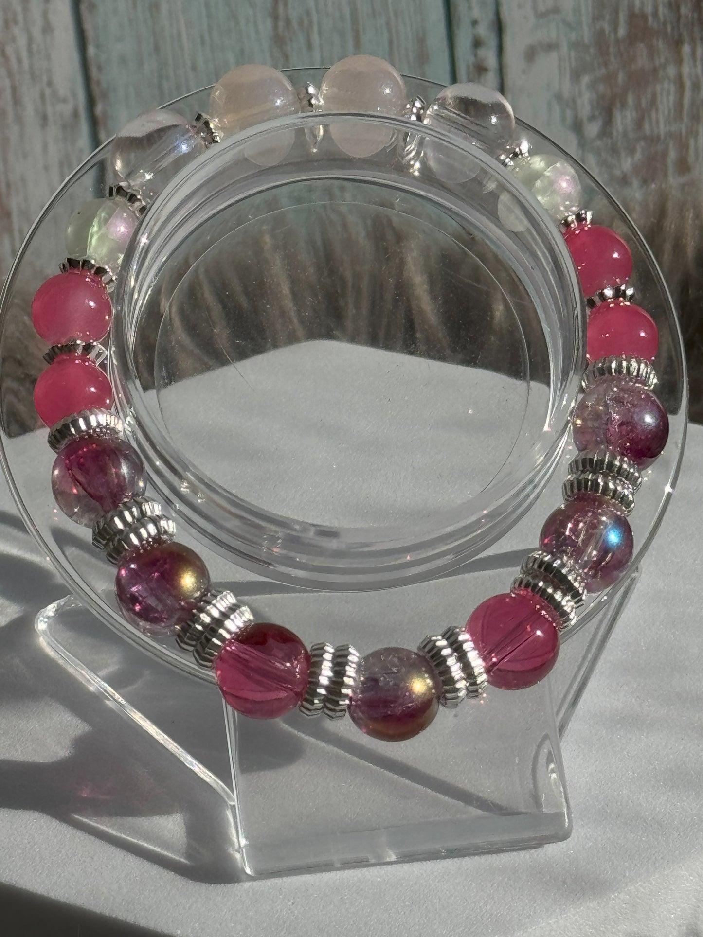 7 1/2" Pink Glass Beaded Bracelet (8mm&10mm)