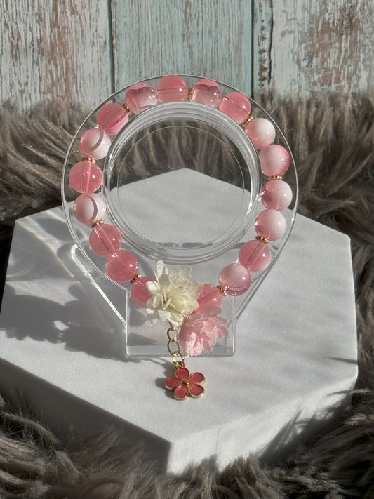 7 1/4" Pink/Milky White Glass Beaded Bracelet (10mm)