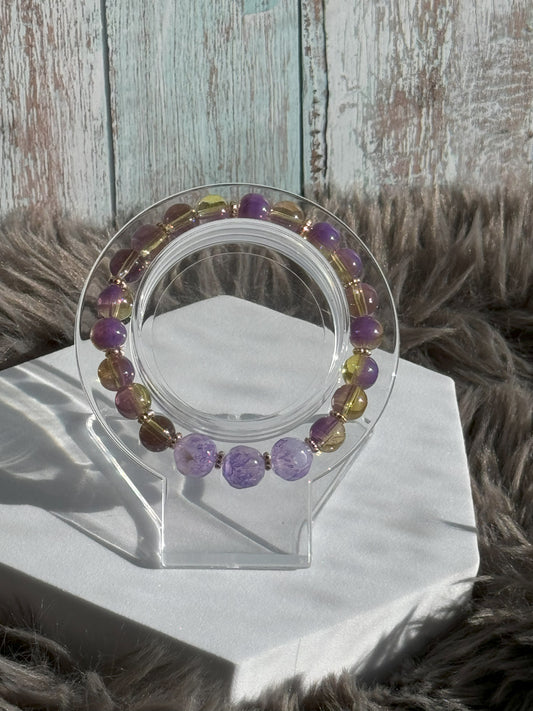 7" Purple/Yellow Beads with Purple Faceted Beads, Glass Beaded Bracelet (8mm&10mm)