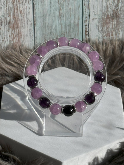 7" Light Purple and Dark, Deep Purple Glass Beaded Bracelet (10mm)