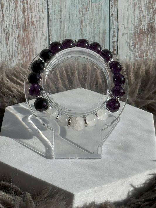 7" Deep, Dark Purple and White Glass Beaded Bracelet (8mm&10mm)