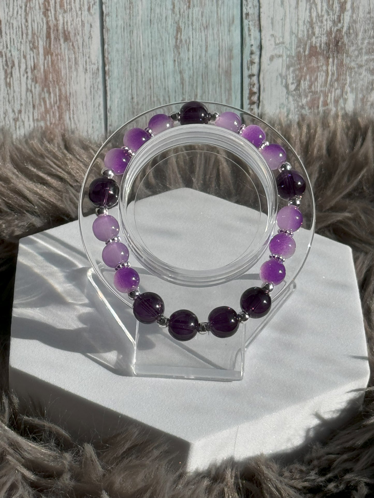 7 1/2" Deep, Dark Purple with Light Purple/Milky White Glass Beaded Bracelet (8mm&10mm)