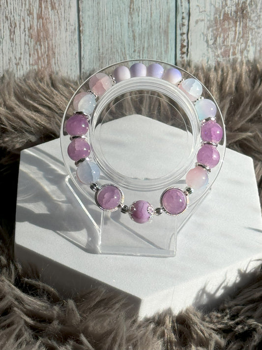 7" Purple/Peach/Blue with Purple Frosted Beads Glass Beaded Bracelet (8mm&10mm)