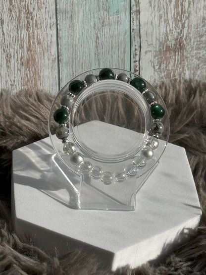 7" Dark Green, Grey/Black Watercolor, Silver Crackle, and Clear Glass Beaded Bracelet (8mm&10mm)