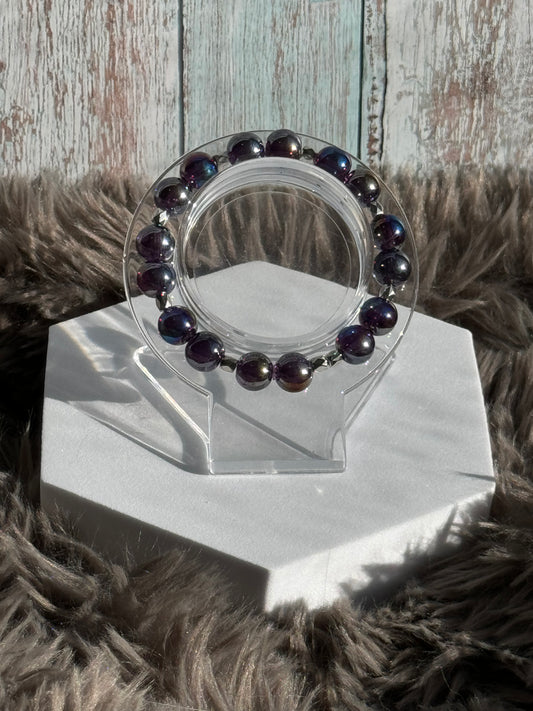 7" Dark Silver Oil Spill Glass Beaded Bracelet (8mm)