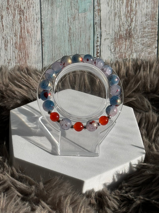 7" Blue/Gold/Red Splattered Beads with Orange/Red Glass Beaded Bracelet (8mm&10mm0
