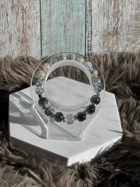 7" Navy Crackle, Blue/Pink Crackle, and Blue/White/Gold Glass Beaded Bracelet (8mm&10mm)