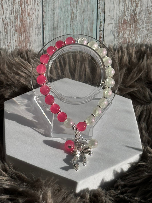 8" Barbie Pink/White Glass Beaded Bracelet (8mm)