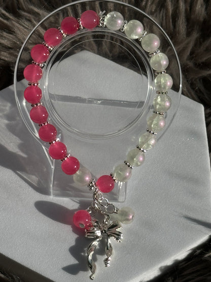 8" Barbie Pink/White Glass Beaded Bracelet (8mm)