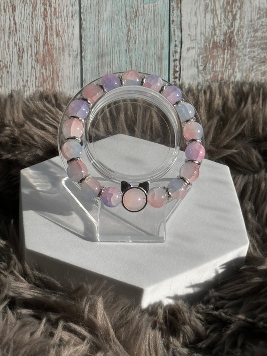 7 1/4" Pink/Purple Glass Beaded Bracelet (10mm)