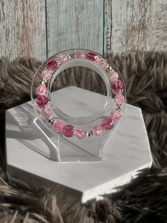 7" Clear Pink/Crackle Pink/Clear Glass Beaded Bracelet (8mm&10mm)