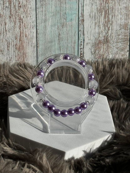 7" Purple Pearl and Clear Frosted Glass Beaded Bracelet (8mm&10mm)